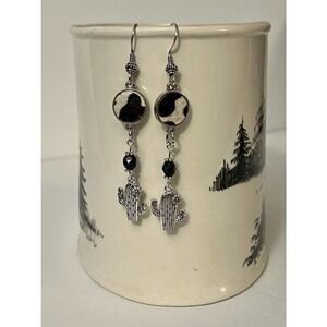 Silver Tone Black‎ Tan Cow Hide Black Glass Cactus Dangle Earrings Handmade NEW